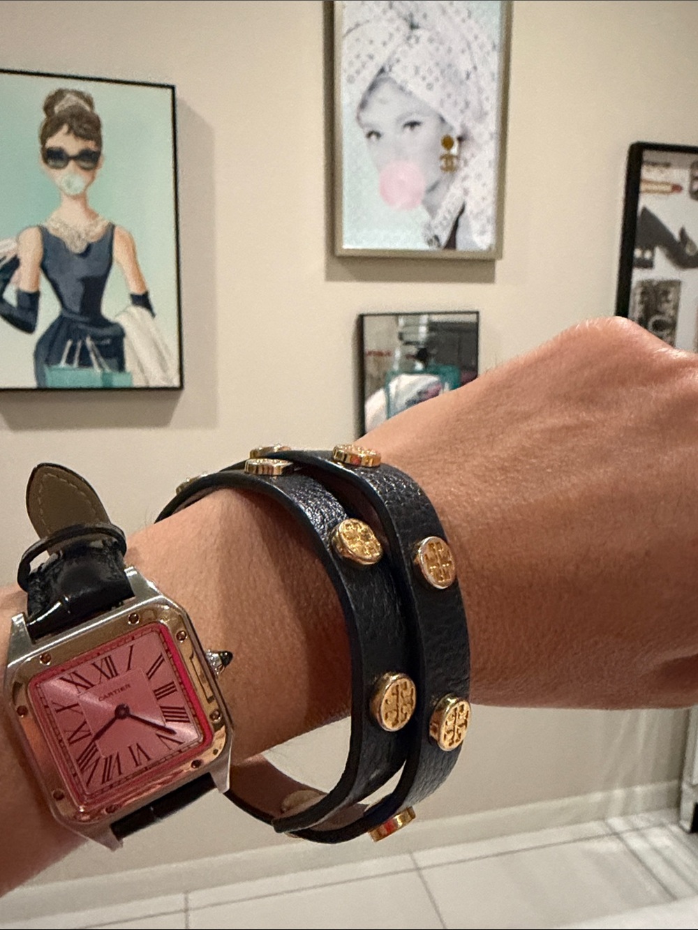 Tory Burch Black Leather Double Wrap Bracelet with Gold Logo Studs - Picture 4 of 4